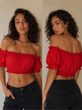 Cotton Handmade Off-Shoulder Red Crop Top - Women